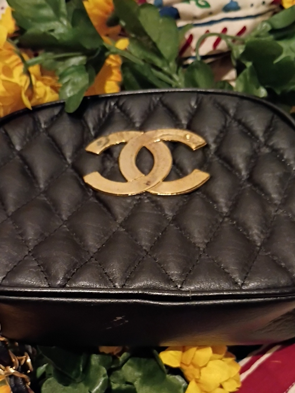 Black Quilted Leather Shoulder Bag with Gold Logo